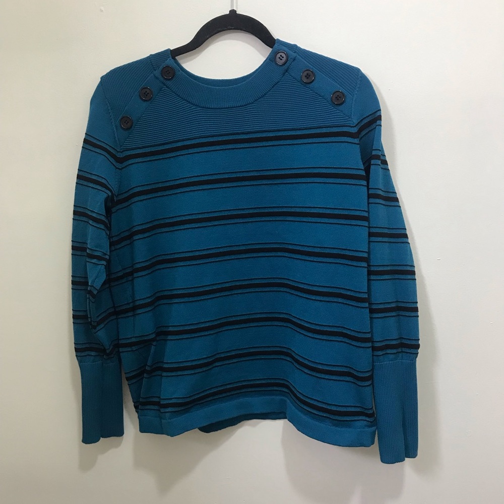 Blue Striped Button-Shoulder Sweater